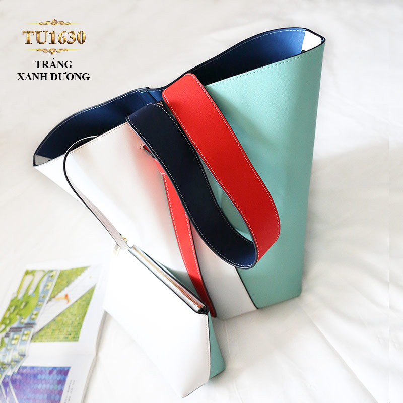 Túi bucket cao cấp quai xách bản to thời trang TU1630 (Trắng xanh dương)